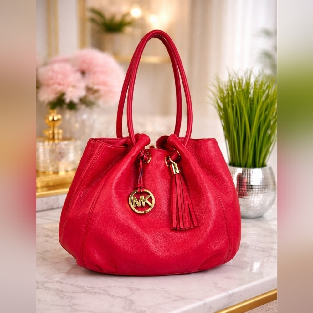 MICHAEL KORS RED BAG HAND SHOULDER GOLD TASSEL‎ LEATHER BAG GUC
